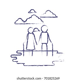blurred blue contour of sky landscape and grass with pictogram elderly couple in grass vector illustration