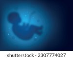 Blurred blue human embryo in the womb, pregnancy, obstetrics. Child in the womb. Concept for obstetric center or gynecologist, symbol of pregnancy and motherhood