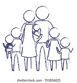 blurred blue silhouette of pictogram big family group with several children vector illustration