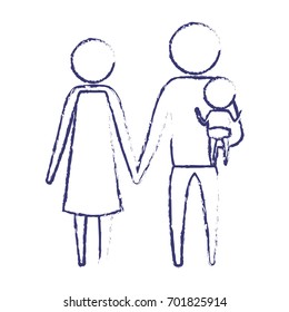 blurred blue silhouette of pictogram parents with a little baby carrying in clothes vector illustration