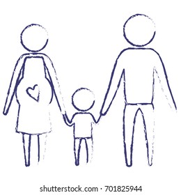 blurred blue silhouette of pictogram parents with mother pregnancy and little boy holding hands vector illustration