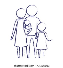 blurred blue silhouette of pictogram parents with a baby and little girl in clothes vector illustration