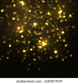 Blurred bokeh background. Golden stars shine with special light effect. Defocused golden particles glittery. Bokeh lights yellow sparkle, blur gold dust sparks. Christmas concept. Vector illustration.