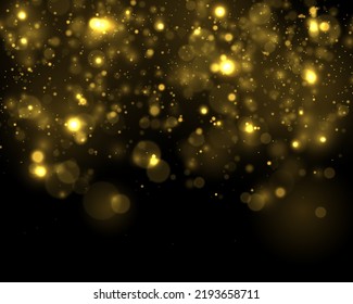 Blurred bokeh background. Golden stars shine with special light effect. Defocused golden particles glittery. Bokeh lights yellow sparkle, blur gold dust sparks. Christmas concept. Vector illustration.
