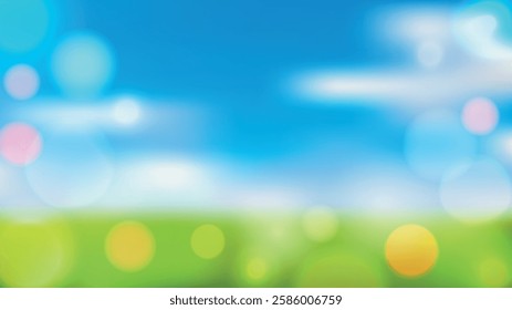 Blurred Bokeh Background in green and blue colors. Landscape. Round Lights. Bubbles. Hand drawn. Vector illustration