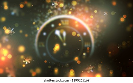 Blurred bokeh background with wall clock for New Year celebration concept. Can be used as greeting card design.