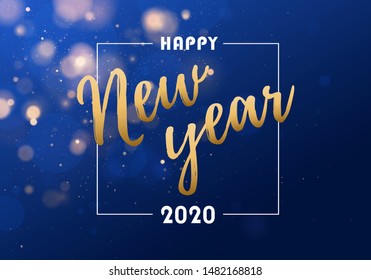 Blurred bokeh light  2020 on dark blue background. Christmas and New Year holidays template. Abstract glitter defocused blinking stars and sparks. Vector EPS 10