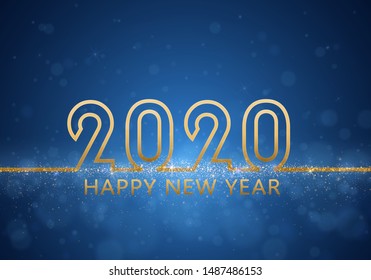 Blurred bokeh light  2020 on dark blue background. Christmas and New Year holidays template. Abstract glitter defocused blinking stars and sparks. 
 Vector EPS 10