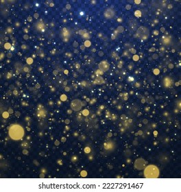 Blurred bokeh light dust on dark blue background. Dark golden abstract bokeh. Abstract glitter defocused blinking stars and sparks. Christmas and New Year holidays template. Vector illustration.