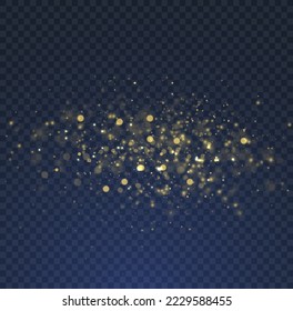Blurred bokeh light dust on dark blue background. Dark golden abstract bokeh. Abstract glitter defocused blinking stars and sparks. Christmas and New Year holidays template. Vector illustration.
