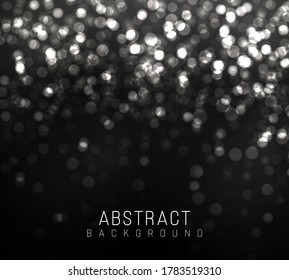 Blurred bokeh light on black background. Christmas and New Year holidays template. Abstract silver glitter defocused blinking stars and sparks. Vector EPS 10