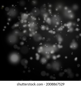 Blurred bokeh light on black background. Christmas and New Year holidays template. Abstract silver glitter defocused blinking stars and sparks. Vector EPS 10