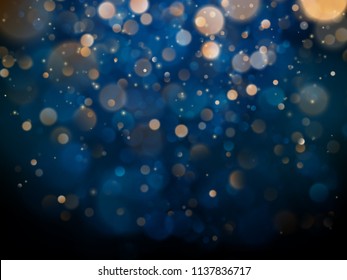 Blurred bokeh light on dark blue background. Christmas and New Year holidays template. Abstract glitter defocused blinking stars and sparks. EPS 10