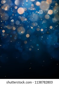 Blurred bokeh light on dark blue background. Christmas and New Year holidays template. Abstract glitter defocused blinking stars and sparks. EPS 10