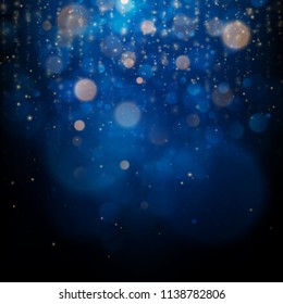 Blurred bokeh light on dark blue background. Christmas and New Year holidays template. Abstract glitter defocused blinking stars and sparks. EPS 10