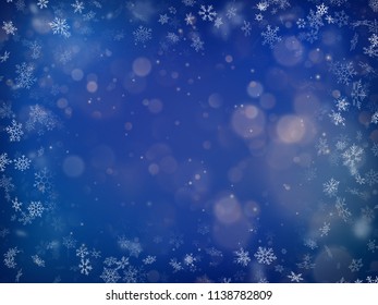 Blurred bokeh light on dark blue background. Christmas and New Year holidays template. Abstract glitter defocused blinking stars and sparks. EPS 10