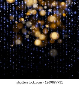 Blurred bokeh light on dark blue background. Christmas and New Year holidays template. Abstract glitter defocused blinking stars and sparks. EPS 10