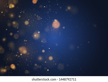 Blurred bokeh light on dark blue background. Christmas and New Year holidays template. Abstract glitter defocused blinking stars and sparks. EPS 10 Vector