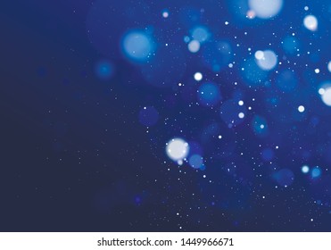 Blurred bokeh light on dark blue background. Christmas and New Year holidays template. Snow. Snowfall. Winter. Abstract glitter defocused blinking stars and sparks. Vector  EPS 10