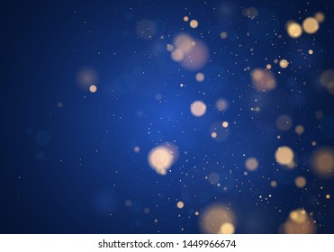 Blurred bokeh light on dark blue background. Christmas and New Year holidays template. Abstract glitter defocused blinking stars and sparks. Vector eps 10