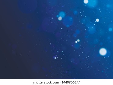 Blurred bokeh light on dark blue background. Christmas and New Year holidays template. Snow. Snowfall. Winter. Abstract glitter defocused blinking stars and sparks. Vector  EPS 10
