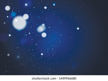 Blurred bokeh light on dark blue background. Christmas and New Year holidays template.  Snow. Snowfall. Winter. Abstract glitter defocused blinking stars and sparks. Vector EPS 10