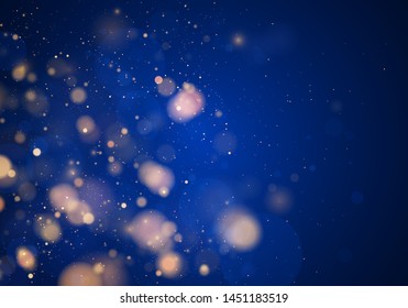Blurred bokeh light on dark blue background. Christmas and New Year holidays template. Abstract glitter defocused blinking stars and sparks. Vector eps 10