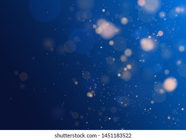 Blurred bokeh light on dark blue background. Christmas and New Year holidays template. Abstract glitter defocused blinking stars and sparks. Vector eps 10