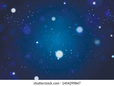 Blurred bokeh light on dark blue background. Christmas and New Year holidays template. Abstract glitter defocused blinking stars and sparks. EPS 10