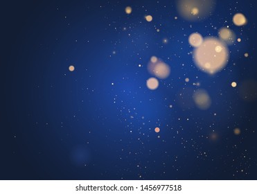 Blurred bokeh light on dark blue background. Christmas and New Year holidays template. Abstract glitter defocused blinking stars and sparks. EPS 10