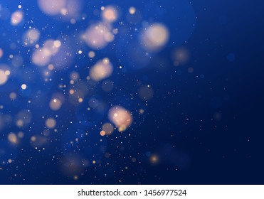 Blurred bokeh light on dark blue background. Christmas and New Year holidays template. Abstract glitter defocused blinking stars and sparks. EPS 10 Vector