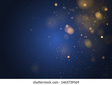 Blurred bokeh light on dark blue background. Christmas and New Year holidays template. Abstract glitter defocused blinking stars and sparks. EPS 10