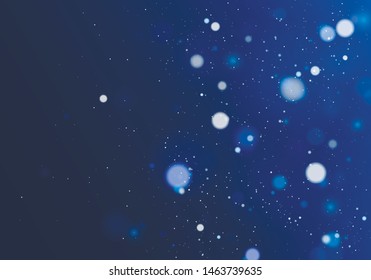 Blurred bokeh light on dark blue background. Christmas and New Year holidays template. Abstract glitter defocused blinking stars and sparks. EPS 10