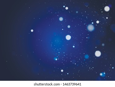 Blurred bokeh light on dark blue background. Christmas and New Year holidays template. Abstract glitter defocused blinking stars and sparks. EPS 10