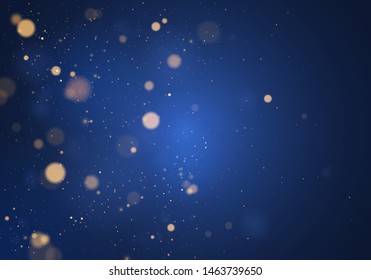 Blurred bokeh light on dark blue background. Christmas and New Year holidays template. Abstract glitter defocused blinking stars and sparks. EPS 10