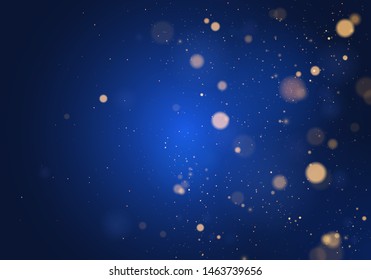 Blurred bokeh light on dark blue background. Christmas and New Year holidays template. Abstract glitter defocused blinking stars and sparks. EPS 10