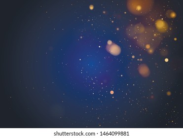 Blurred bokeh light on dark blue background. Christmas and New Year holidays template. Abstract glitter defocused blinking stars and sparks. EPS 10 Vector