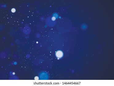 Blurred bokeh light on dark blue background. Christmas and New Year holidays template. Abstract glitter defocused blinking stars and sparks. EPS 10