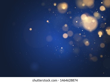 Blurred bokeh light on dark blue background. Christmas and New Year holidays template. Abstract glitter defocused blinking stars and sparks. EPS 10