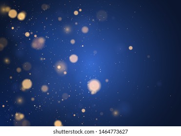 Blurred bokeh light on dark blue background. Christmas and New Year holidays template. Abstract glitter defocused blinking stars and sparks. Vector EPS 10