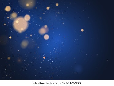 Blurred bokeh light on dark blue background. Christmas and New Year holidays template. Abstract glitter defocused blinking stars and sparks. Vector EPS 10