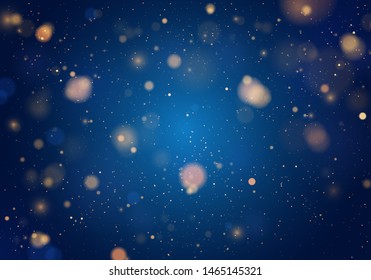 Blurred bokeh light on dark blue background. Christmas and New Year holidays template. Abstract glitter defocused blinking stars and sparks. Vector EPS 10