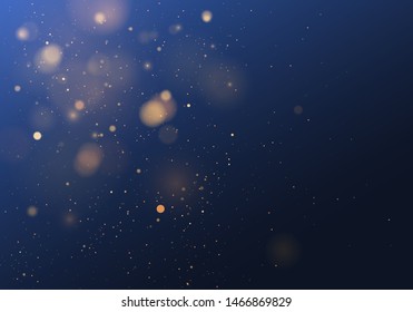 Blurred bokeh light on dark blue background. Christmas and New Year holidays template. Abstract glitter defocused blinking stars and sparks. Vector EPS 10