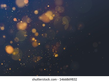 Blurred bokeh light on dark blue background. Christmas and New Year holidays template. Abstract glitter defocused blinking stars and sparks. EPS 10 Vector