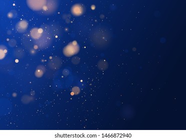 Blurred bokeh light on dark blue background. Christmas and New Year holidays template. Abstract glitter defocused blinking stars and sparks. Vector EPS 10