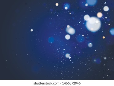 Blurred bokeh light on dark blue background. Christmas and New Year holidays template. Abstract glitter defocused blinking stars and sparks. Vector EPS 10