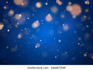 Blurred bokeh light on dark blue background. Christmas and New Year holidays template. Abstract glitter defocused blinking stars and sparks. Vector EPS 10