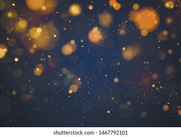 Blurred bokeh light on dark blue background. Christmas and New Year holidays template. Abstract glitter defocused blinking stars and sparks. EPS 10 Vector