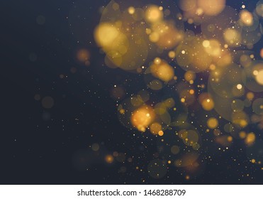 Blurred bokeh light on dark blue background. Christmas and New Year holidays template. Abstract glitter defocused blinking stars and sparks. EPS 10 Vector