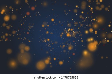 Blurred bokeh light on dark blue background. Christmas and New Year holidays template. Abstract glitter defocused blinking stars and sparks. EPS 10 Vector